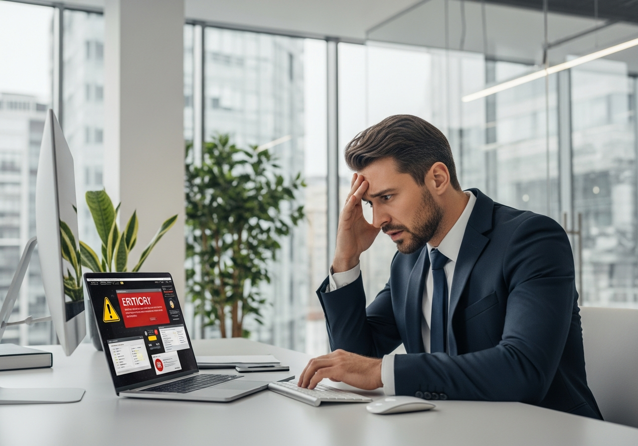 Reactive security scenario - frustrated professional dealing with security issues